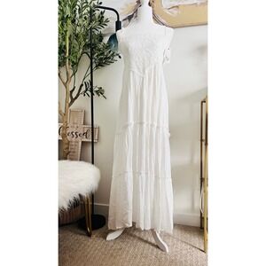 Boho White Crochet Lace Tiered Maxi Dress Crinkle Gauze Sun Dress XL